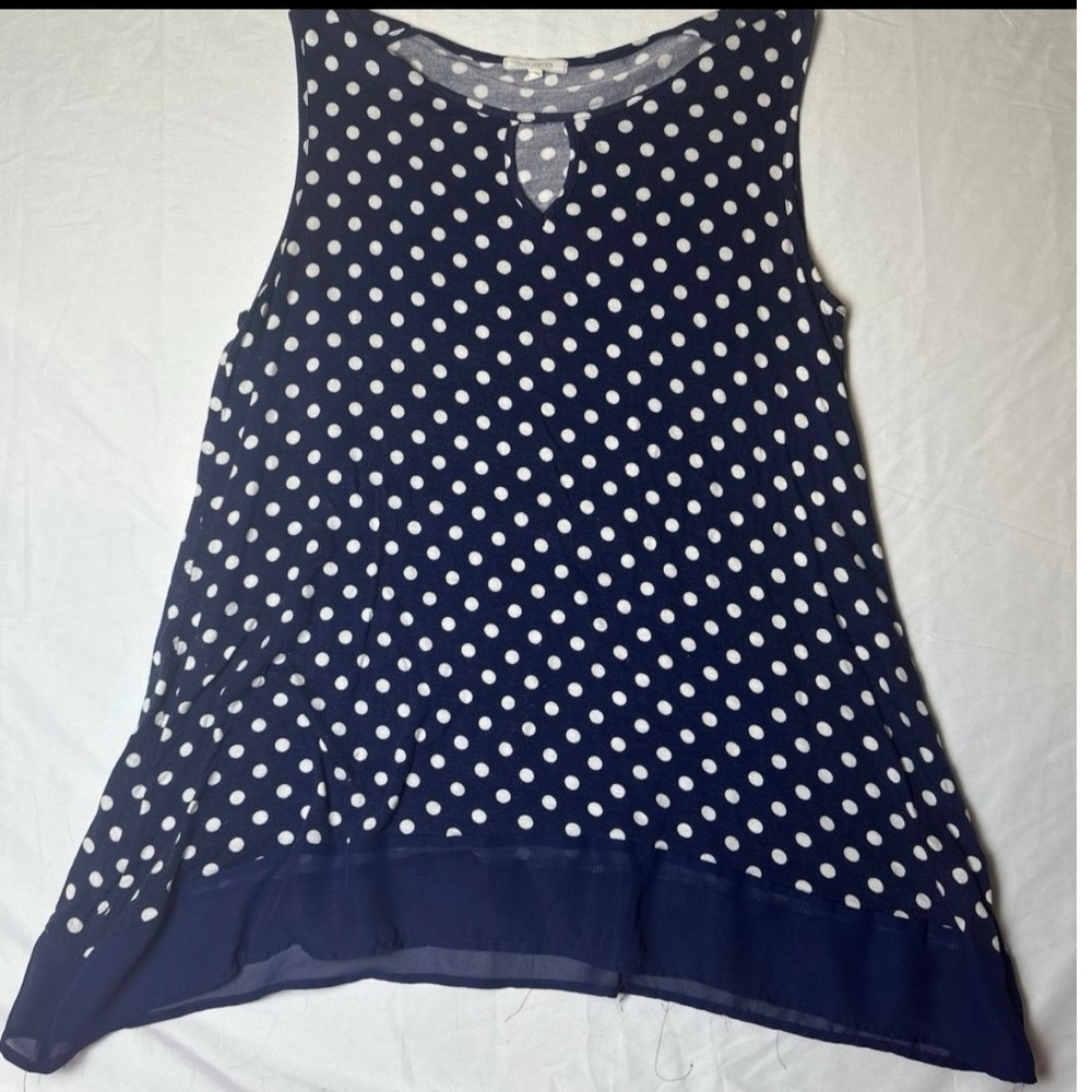 Ava James Women's Top Large Navy Blue White Polka Dot Sleeveless Chiffon Hem